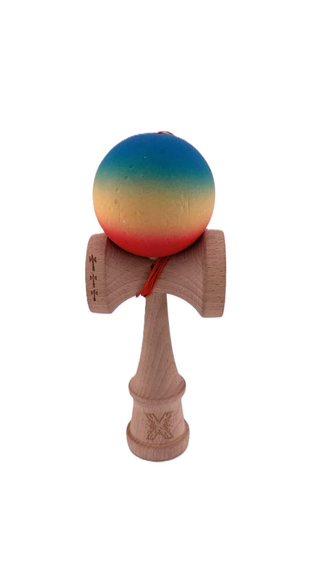RESIGILAT2 - Kendama X Originala, Profesionala, Flippy, din Lemn, Rubber Grip, 18 cm,Rosu/Galben/Albastru - vivimall.ro