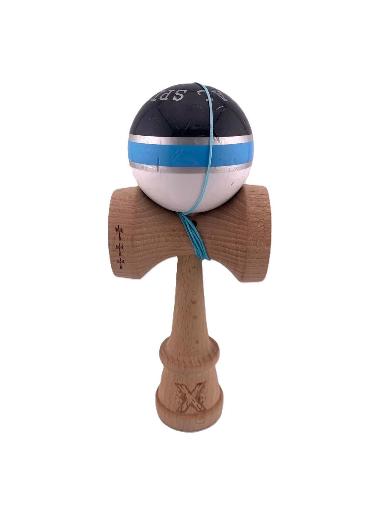 RESIGILAT2 - Kendama X Originala ROYAL SPIKE, Profesionala, Flippy, Cupe Mari KING SIZE V3, Super Sticky, Gaura in Baza, Rulment Metalic, din lemn 18 cm, Ata 62/65 cm, Inel Albastru Deschis