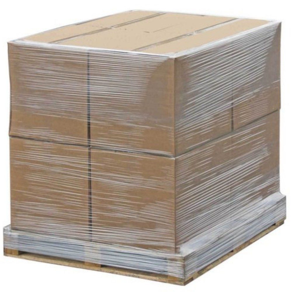 Folie stretch manuală aplicată pe colet de carton, fixare fermă în depozit, vedere laterală