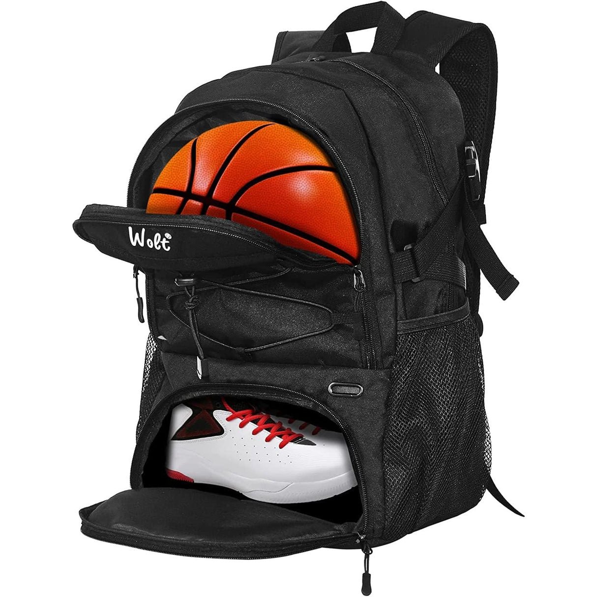 Rucsac de Baschet Multifunctional, Vivimall, pentru Calatorie, Sport, Scoala, cu Compartiment pentru Pantofi si Minge, 32 Litri, 45x32x22 cm, Negru - vivimall.ro