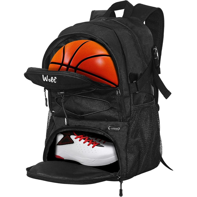 Rucsac de Baschet Multifunctional, Vivimall, pentru Calatorie, Sport, Scoala, cu Compartiment pentru Pantofi si Minge, 32 Litri, 45x32x22 cm, Negru - vivimall.ro