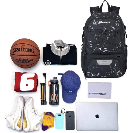 Rucsac de Baschet Multifunctional, Vivimall, pentru Calatorie, Sport, Scoala, cu Compartiment pentru Pantofi si Minge, 32 Litri, 45x32x22 cm, Negru-Alb - vivimall.ro