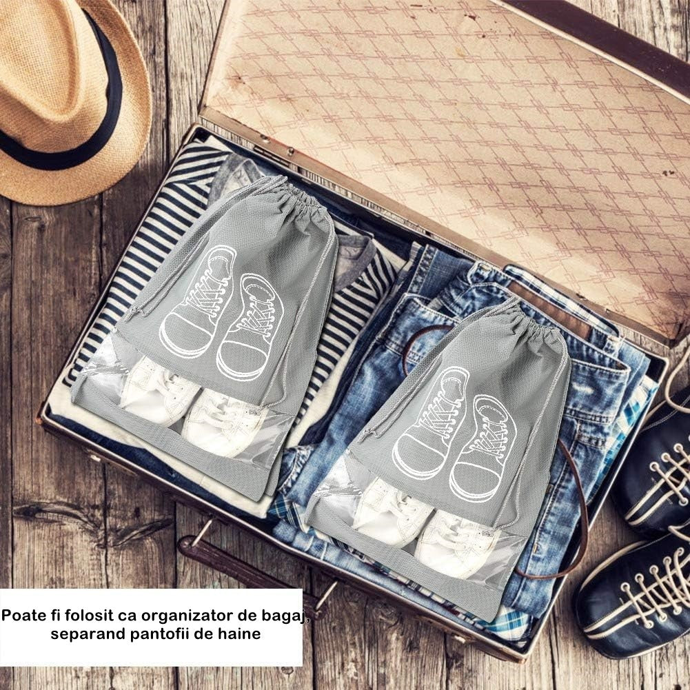 Sac depozitare incaltaminte, pentru voiaj sau depozitare, rezistent la praf, compatibil cu masina de spalat, 27 x 36 cm, gri deschis - vivimall.ro