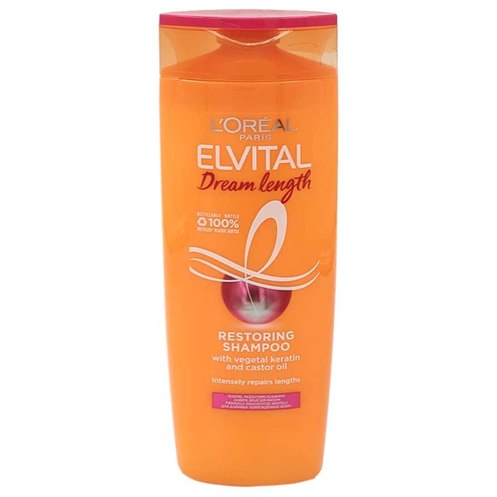 Șampon L'Oréal Elseve Dream Long Reparator 400 ml cu keratină și ulei de ricin, vedere frontală flacon