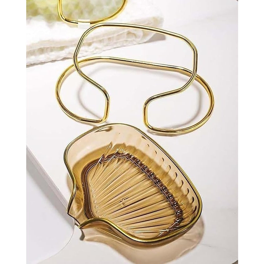 Savoniera cu Suport, Vivimall, Sistem de Scurgere a Apei, Margine Aurie, 14 x 8.5 x 9 cm, din TPE, Auriu - vivimall.ro