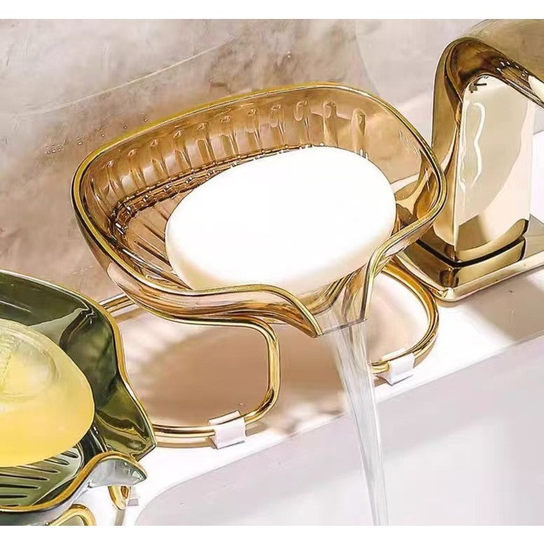 Savoniera cu Suport, Vivimall, Sistem de Scurgere a Apei, Margine Aurie, 14 x 8.5 x 9 cm, din TPE, Auriu - vivimall.ro