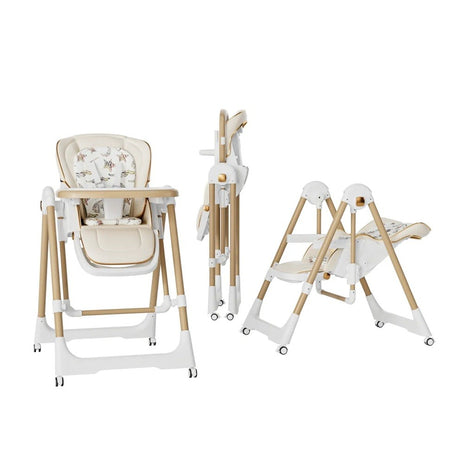 Scaun de Masa 2in1, Vivimall, pentru Copii 6 luni - 4 Ani, Pliabil, cu Roti, Balansoar, Leagan, Reglabil, Tava de Masa Dubla, Centura in 5 Puncte, 96 x 56 x 76 cm, Sampanie - vivimall.ro