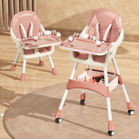 Scaun de Masa 2in1, Vivimall, pentru Copii de la 6 luni - 5 Ani, Inaltime Reglabila, Centura in 5 Puncte, Tava de Masa, Roti cu Frana, Cos Depozitare, Jucarie Inclusa, 94 x 78 x 60 cm, Roz - vivimall.ro