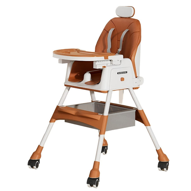 Scaun de Masa pentru Bebelusi si Copii Vivimall, cu Roti, cu Tetiera, Telescopic, Pliabil, Masuta Reglabila, Suport Picioare, Scaun cu Invelis Piele Artificiala, Centura Siguranta, Spatiu Depozitare, 97 x 73 x 65 cm, Maro - vivimall.ro