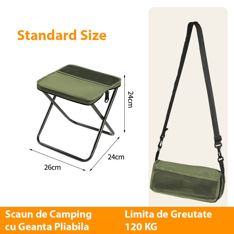 Taburet pliabil camping verde desfășurat, dimensiuni 26x24x24 cm, structură metalică vizibilă