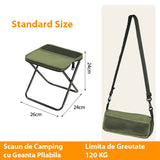 Taburet pliabil camping verde desfășurat, dimensiuni 26x24x24 cm, structură metalică vizibilă