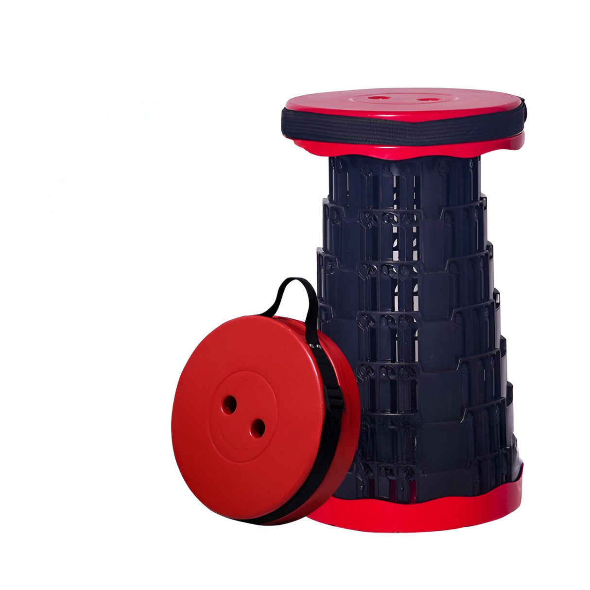 Scaun Telescopic Pliabil pentru Camping si Pescuit, Vivimall, Portabil, Universal, Sustine 150 kg, ABS, Diametru 25 cm, Extensibil, Inaltime 45 cm, Rosu-Negru - vivimall.ro