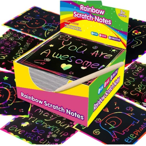 Set 100 de Foi de Hartie de Razuit, Vivimall, cu Creion din Bambus, pentru Desen, 8.5 x 8.5, Curcubeu, Negru - vivimall.ro