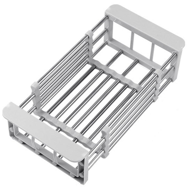 Suport Scurgere Extensibil pentru Bucatarie, Vivimall, Uscator Vase din Otel Inoxidabil, Suport Tacamuri si Pahare, Suport pentru Fructe si Legume, 24.5 x 16.5 x 9.5 cm-Gri deschis - vivimall.ro