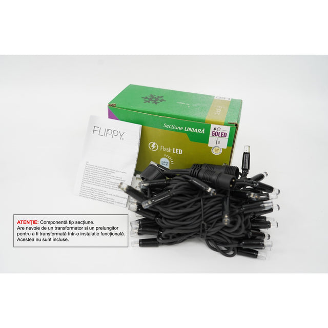 Sectiune Instalatie de Craciun Flippy Tip Liniara, cu Flash, 5 m, 50 LED-uri, Interconectabila, Fir Negru, Alb-Cald - vivimall.ro