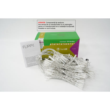 Instalație perdea Crăciun Flippy 2x2 m, 240 LED-uri alb-rece cu efect flash, fir transparent – vedere frontală