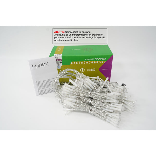 Sectiune Instalatie de Craciun Flippy Tip Perdea, cu Flash, 2 m x 2 m, 240 LED-uri, Interconectabila, Fir Transparent, Alb-Rece - vivimall.ro