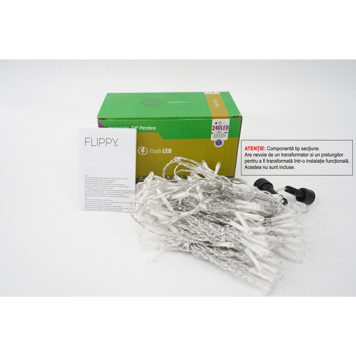 Sectiune Instalatie de Craciun Flippy Tip Perdea, cu Flash, 2 m x 2 m, 240 LED-uri, Interconectabila, Fir Transparent, Albastru - vivimall.ro
