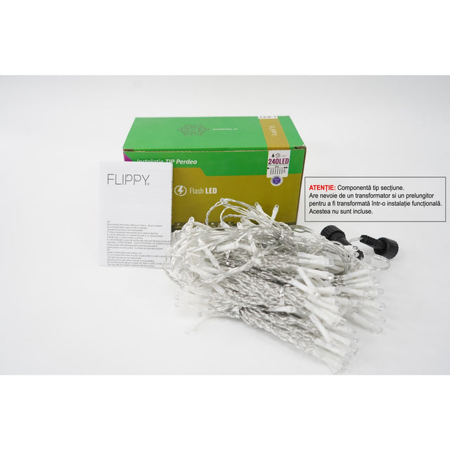 Sectiune Instalatie de Craciun Flippy Tip Perdea, cu Flash, 2 m x 2 m, 240 LED-uri, Interconectabila, Fir Transparent, Albastru - vivimall.ro