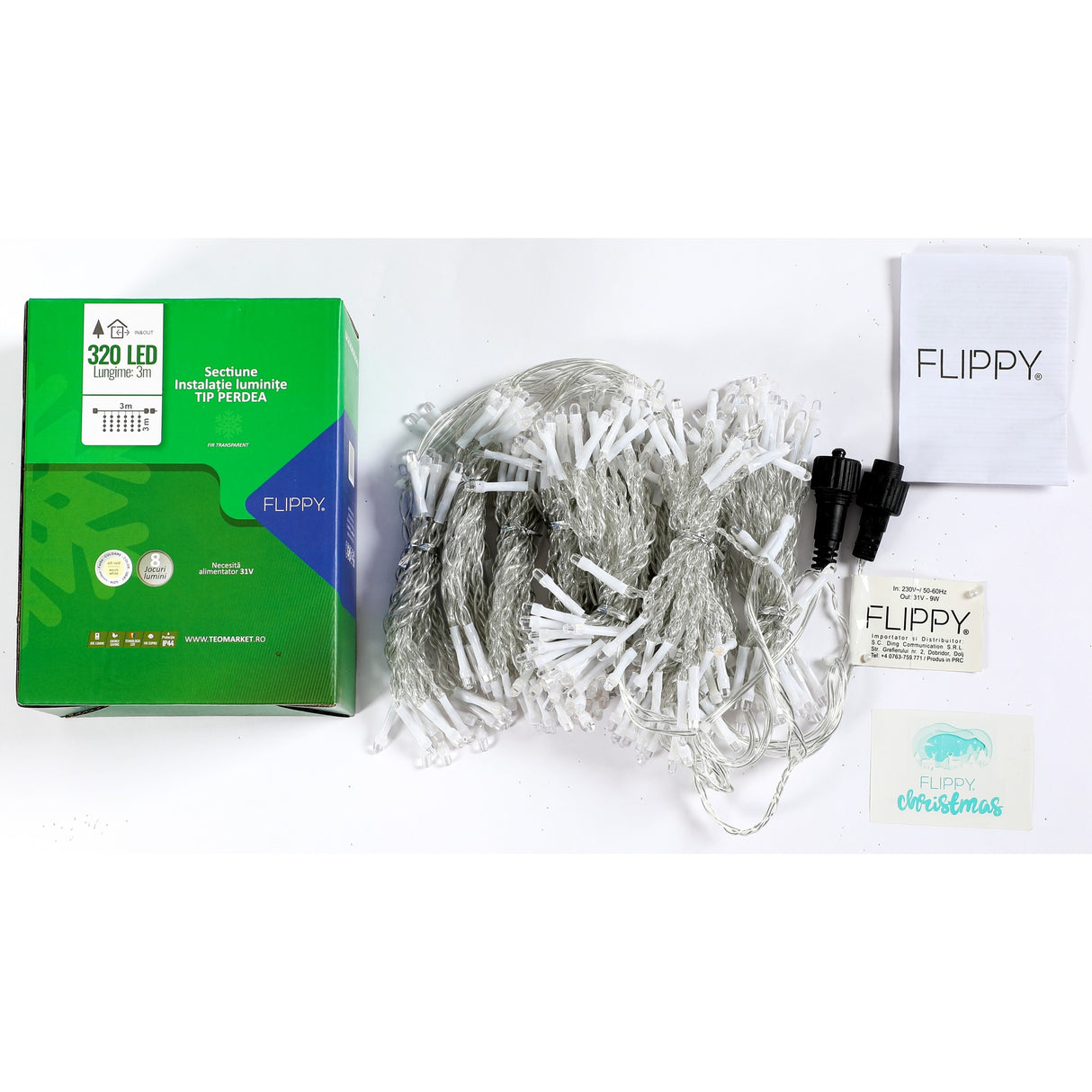 Sectiune Instalatie de Craciun Vivimall Tip Perdea, cu 8 jocuri de lumini, 3 m x 3 m, 320 LED-uri, Interconectabila, Fir Transparent, Alb Cald - vivimall.ro