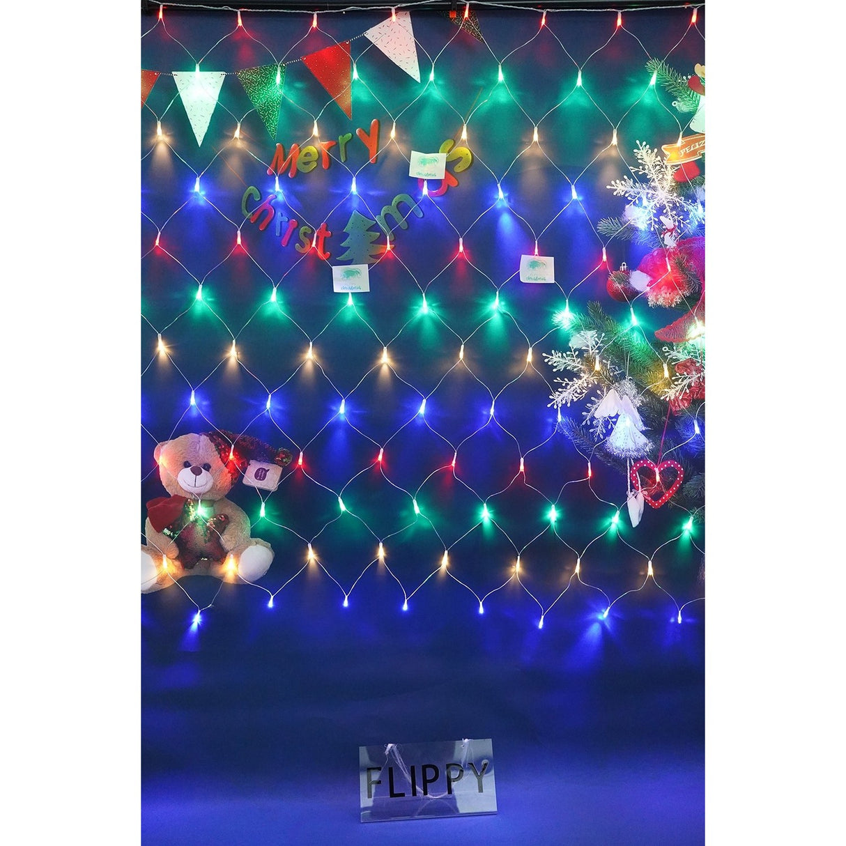 Sectiune Instalatie de Craciun Flippy, Tip Plasa, 120 LED-uri, 1.5 x 1.5 m, 8 jocuri de lumini, Interconectabila, Fir transparent, Multicolor - vivimall.ro