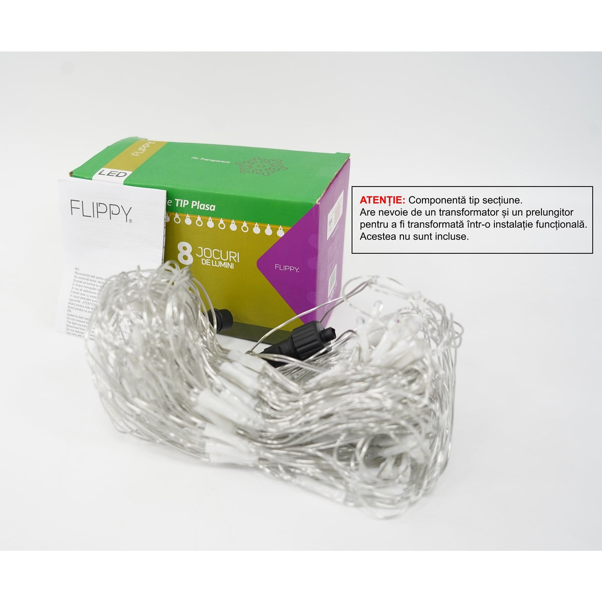 Sectiune Instalatie de Craciun Vivimall, Tip Plasa, 120 LED-uri, 1.5 x 1.5 m, 8 jocuri de lumini, Interconectabila, Fir transparent, Alb rece - vivimall.ro