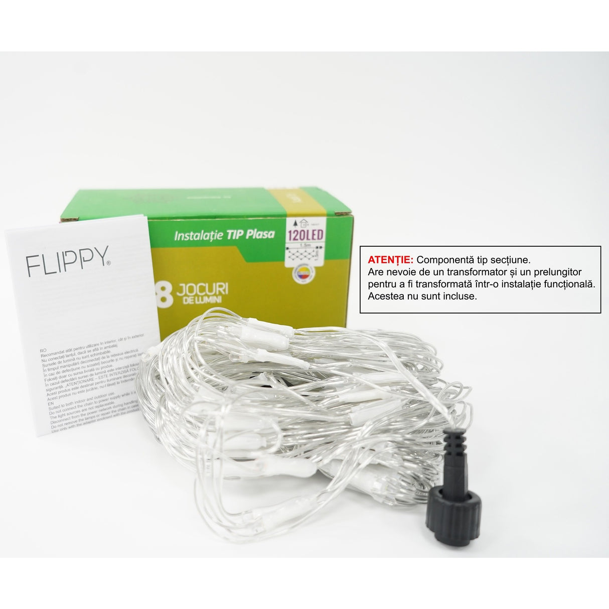 Sectiune Instalatie de Craciun Flippy, Tip Plasa, 120 LED-uri, 1.5 x 1.5 m, 8 jocuri de lumini, Interconectabila, Fir transparent, Multicolor - vivimall.ro