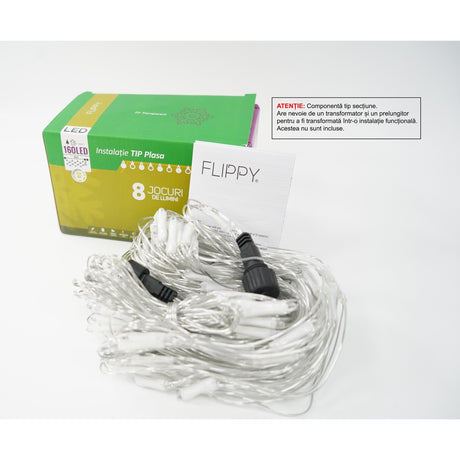 Sectiune Instalatie de Craciun Flippy, Tip Plasa, 160 LED-uri, 2 m x 2 m, 8 jocuri de lumini, Interconectabila, Fir transparent, Alb cald - vivimall.ro