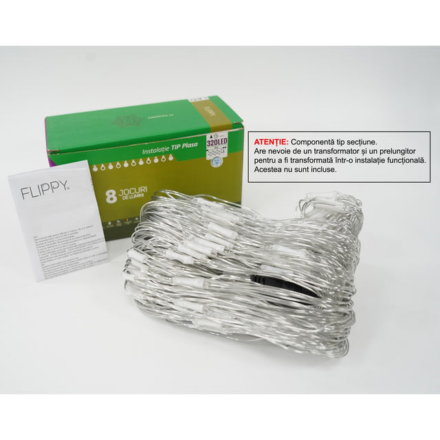 Sectiune Instalatie de Craciun Flippy, Tip Plasa, 320 LED-uri, 3 m x 3 m, 8 jocuri de lumini, Interconectabila, Fir transparent, Alb rece - vivimall.ro