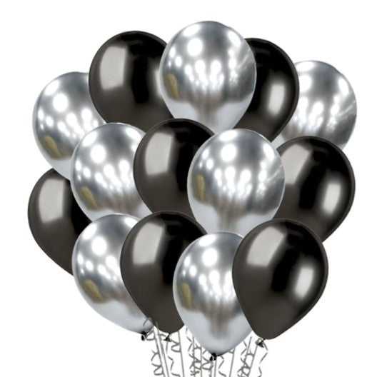 Set 10 Baloane din Latex Chrome, Vivimall, Model Party, 23 cm, Negru Argintiu, 2.2 g - vivimall.ro