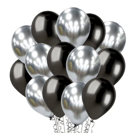 Set 10 Baloane din Latex Chrome, Vivimall, Model Party, 23 cm, Negru Argintiu, 2.2 g - vivimall.ro
