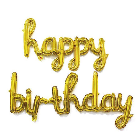 Set 10 Baloane din Folie Metalizata, Vivimall, Figurine Litere, Model Scris de Mana Happy Birthday, Tema Aniversare, 40 cm, Ambalaj Individual, Pai Inclus, Umflare cu Aer sau Heliu, Auriu - vivimall.ro