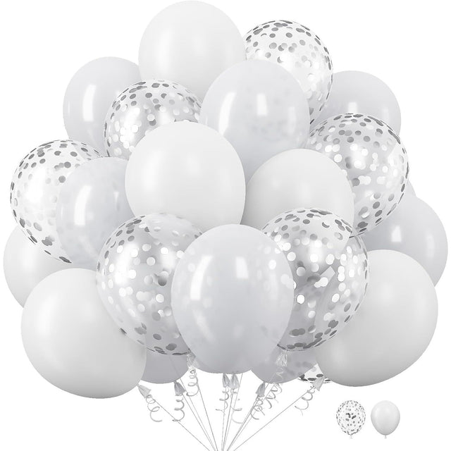 Set 10 Baloane din Latex, Vivimall, Model Party, 30 cm, 5x Alb, 5x Transparent Confetti, 2.8 g - vivimall.ro