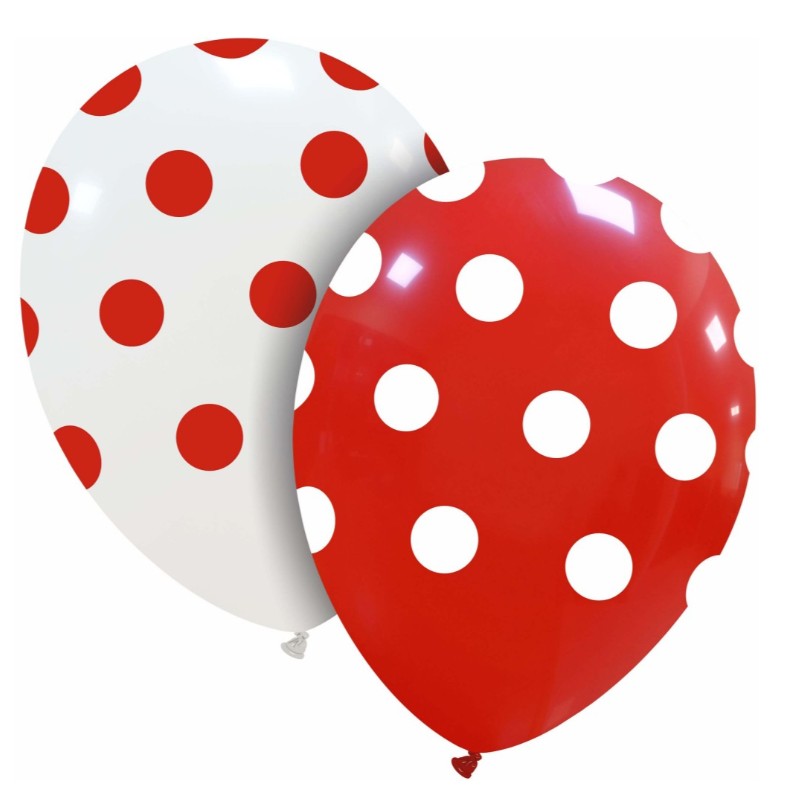 Set 10 Baloane din Latex, Vivimall, Model Party cu Buline, 30 cm, Alb si Rosu, 2.8 g - vivimall.ro