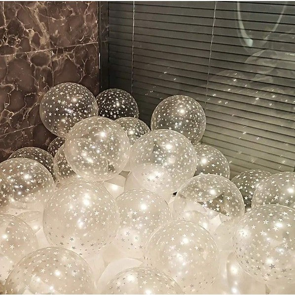 Set 10 Baloane din Latex Transparente, Vivimall, Model Party, 30 cm, Stelute Albe, 2.8 g - vivimall.ro