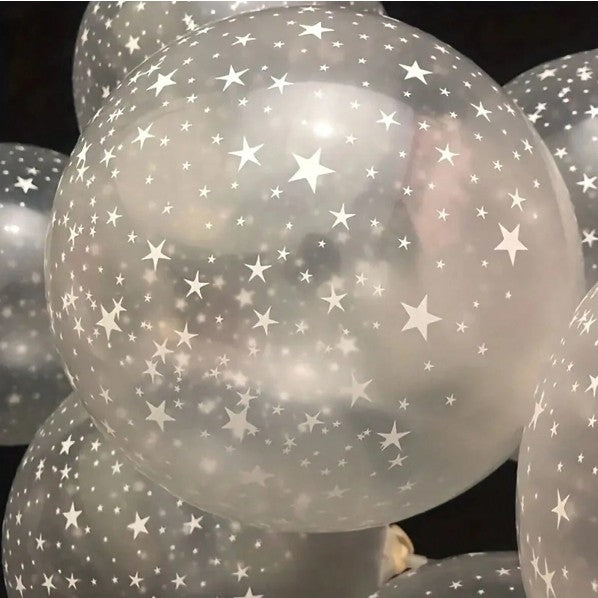 Set 10 Baloane din Latex Transparente, Vivimall, Model Party, 30 cm, Stelute Albe, 2.8 g - vivimall.ro