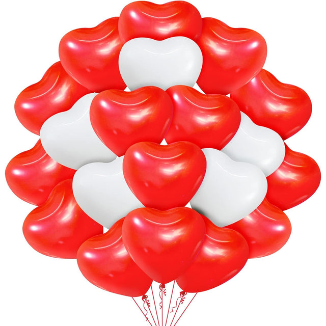 Set 10 Baloane, Vivimall, Model Inima, din Latex, 25 cm, Alb/Rosu - vivimall.ro