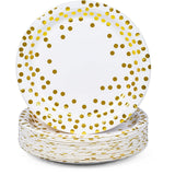 Set 10 Farfurii Unica Folosinta, Vivimall, Imprimeu cu Buline, din Carton, Diametru 18 cm, Alb/Auriu - vivimall.ro