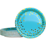 Set 10 Farfurii Unica Folosinta, Vivimall, Imprimeu cu Buline, din Carton, Diametru 18 cm, Albastru/Auriu - vivimall.ro