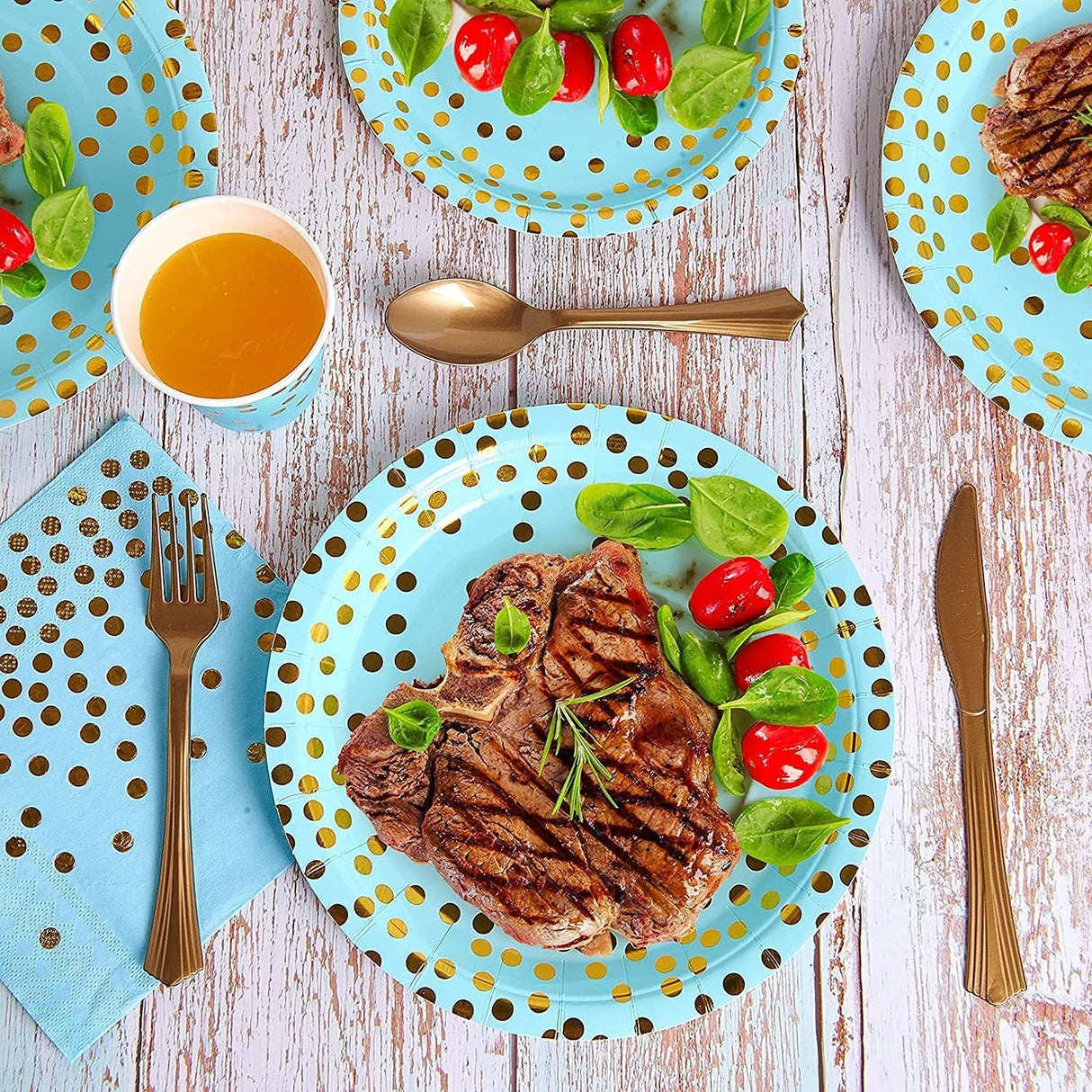 Set 10 Farfurii Unica Folosinta, Vivimall, Imprimeu cu Buline, din Carton, Diametru 18 cm, Albastru/Auriu - vivimall.ro