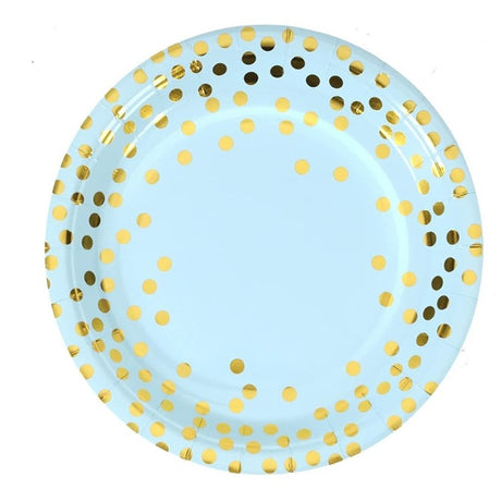 Set 10 Farfurii Unica Folosinta, Vivimall, Imprimeu cu Buline, din Carton, Diametru 18 cm, Albastru/Auriu - vivimall.ro