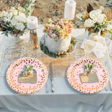 Set 10 Farfurii Unica Folosinta, Vivimall, Imprimeu cu Buline, din Carton, Diametru 18 cm, Roz/Auriu - vivimall.ro