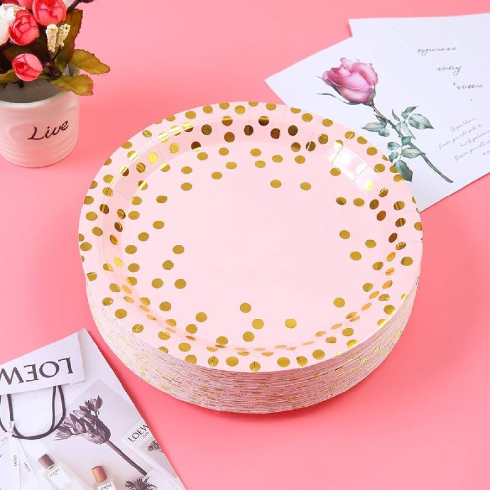 Set 10 Farfurii Unica Folosinta, Vivimall, Imprimeu cu Buline, din Carton, Diametru 18 cm, Roz/Auriu - vivimall.ro