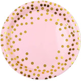 Set 10 Farfurii Unica Folosinta, Vivimall, Imprimeu cu Buline, din Carton, Diametru 18 cm, Roz/Auriu - vivimall.ro