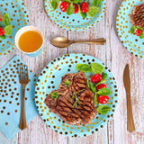 Set 10 Farfurii Unica Folosinta, Vivimall, Imprimeu cu Buline, din Carton, Diametru 23 cm, Albastru/Auriu - vivimall.ro