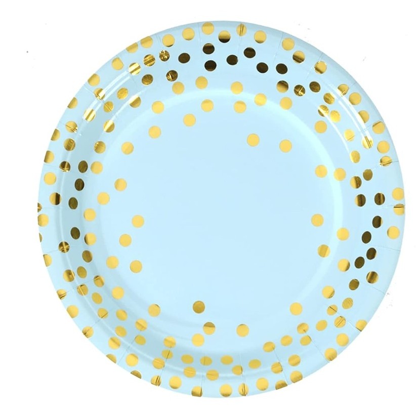 Set 10 Farfurii Unica Folosinta, Vivimall, Imprimeu cu Buline, din Carton, Diametru 23 cm, Albastru/Auriu - vivimall.ro