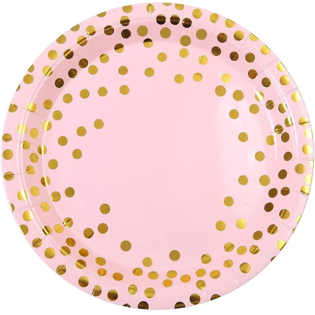 Set 10 Farfurii Unica Folosinta, Vivimall, Imprimeu cu Buline, din Carton, Diametru 23 cm, Roz/Auriu - vivimall.ro