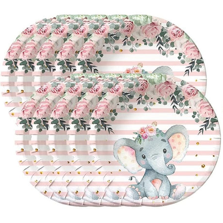 Set 10 Farfurii Unica Folosinta, Vivimall, Imprimeu Elefant, din Carton, 17 cm, Roz - vivimall.ro