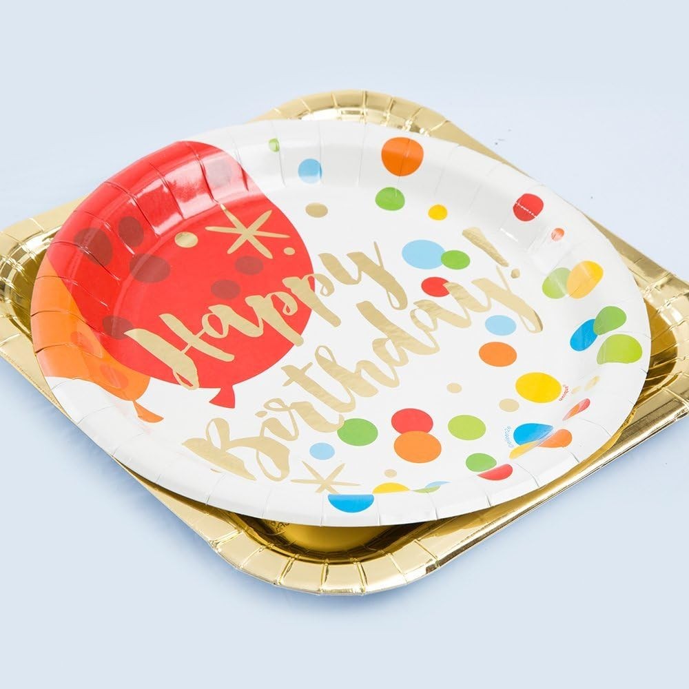 Set 10 Farfurii Unica Folosinta, Vivimall, Imprimeu Happy Birthday Buline, din Carton, Diametru 18 cm, Multicolor - vivimall.ro