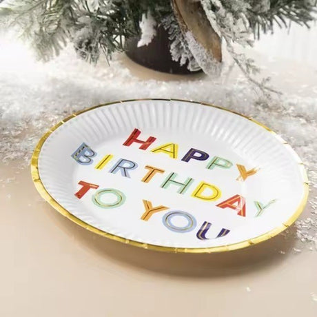 Set 10 Farfurii Unica Folosinta, Vivimall, Imprimeu Happy Birthday, din Carton, Diametru 18 cm, Alb - vivimall.ro